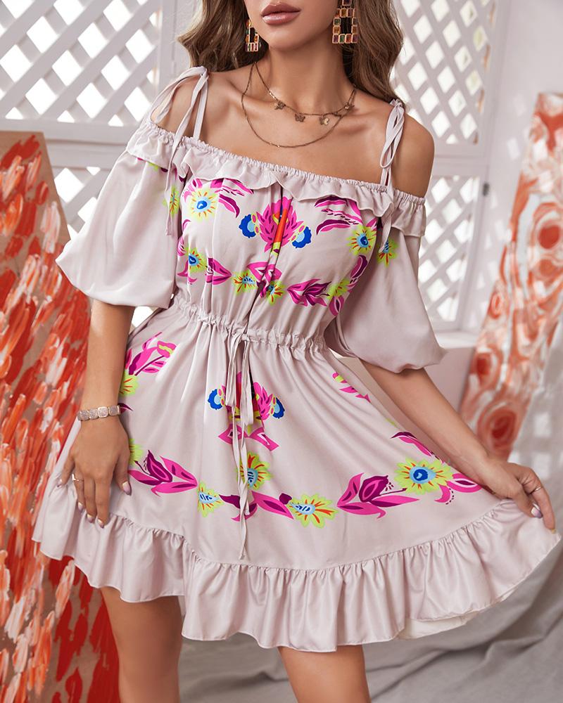 

Off Shoulder Ruffle Hem Floral Print Dress, Apricot