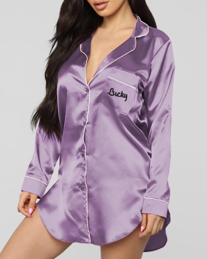 

Letter Print Pocket Design Satin Nightgown, Purple
