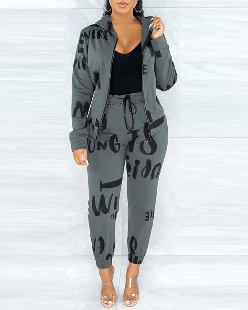 

Letter Print Hooded Zip Up Top & Pants Set, Gray