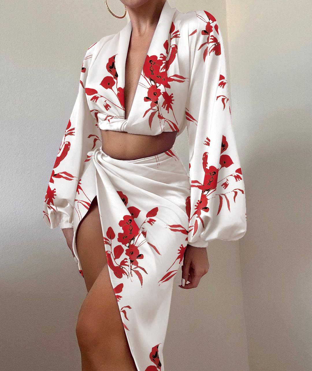 

Floral Print Satin Crop Top & Slit Twist Skirt Set, White