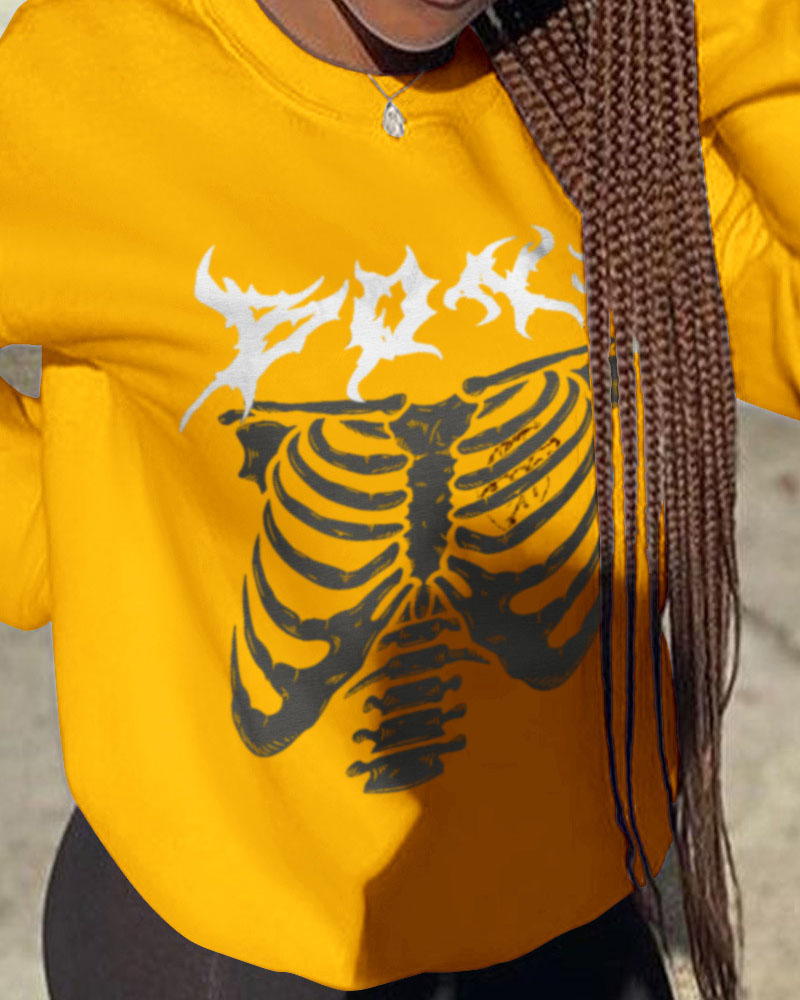 

Plus Size Halloween Skeleton Print Long Sleeve Sweatshirt, Yellow