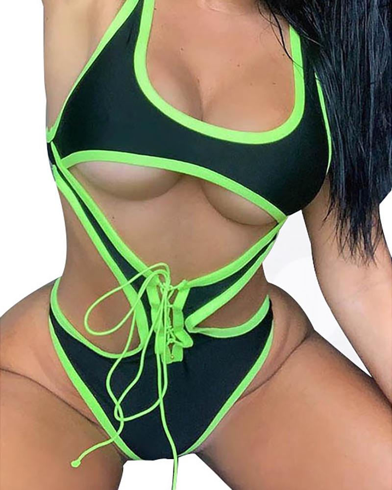 

Contrast Binding Cut-out Skinny One-Piece Swimsuit, Black