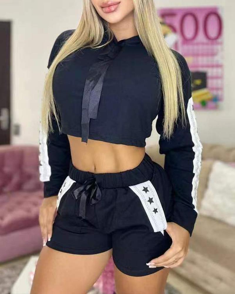 

Star Tape Patch Hooded Crop Top & Shorts Set, Black