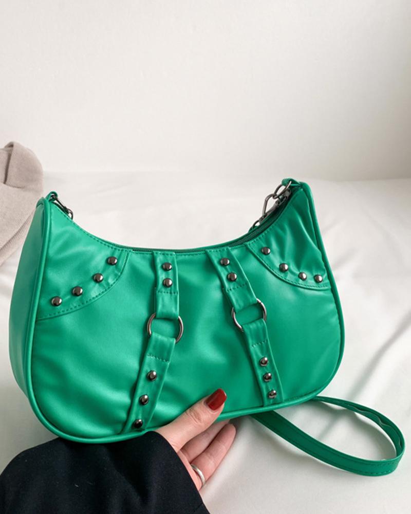 

Studded O-Ring Decor Baguette Bag, Green