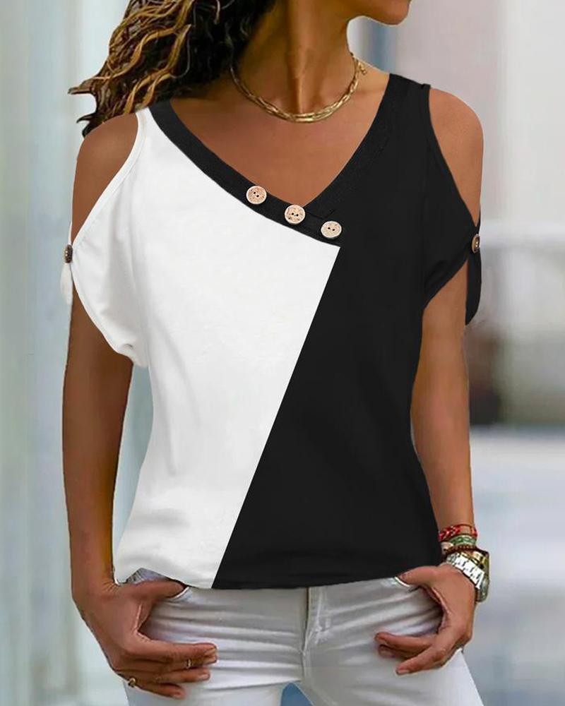 

Colorblock Button Decor Cold Shoulder Top, Blackwhite