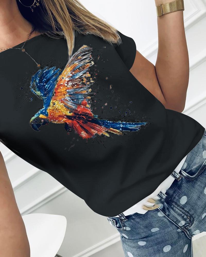 

Bird Print Short Sleeve Casual T-shirt, Black