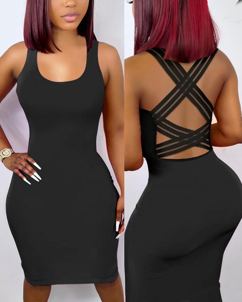 

Crisscross Backless Sheer Mesh Patch Bodycon Dress, Black