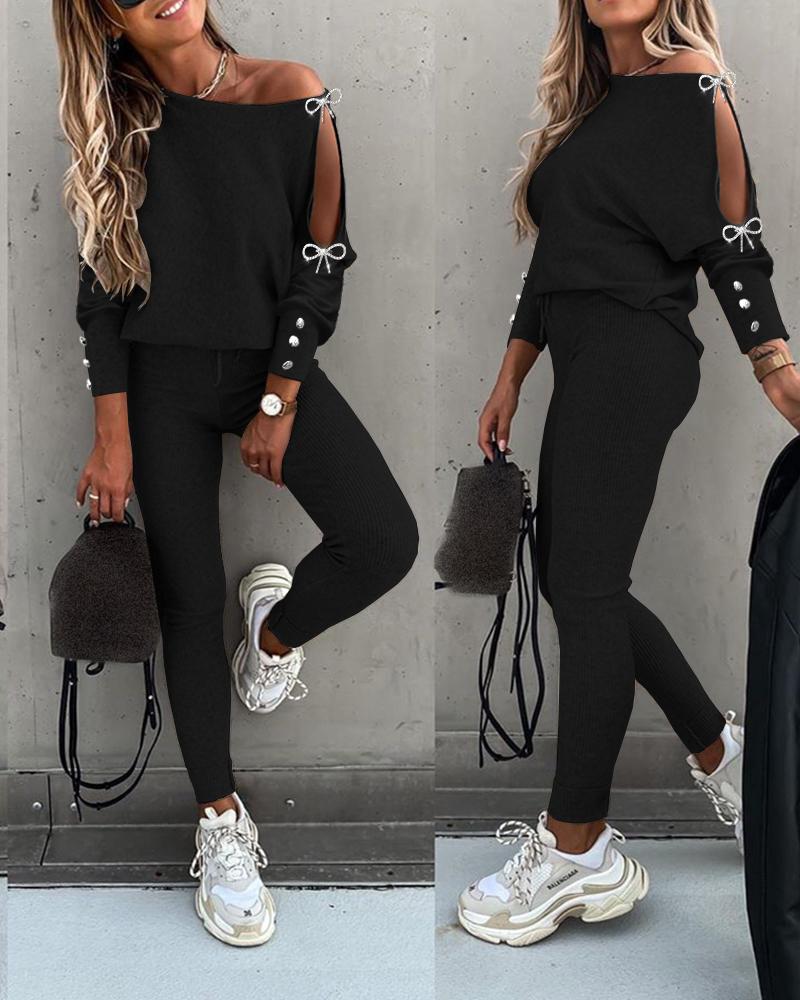 

Bowknot Decor Cold Shoulder Top & Pants Set, Black