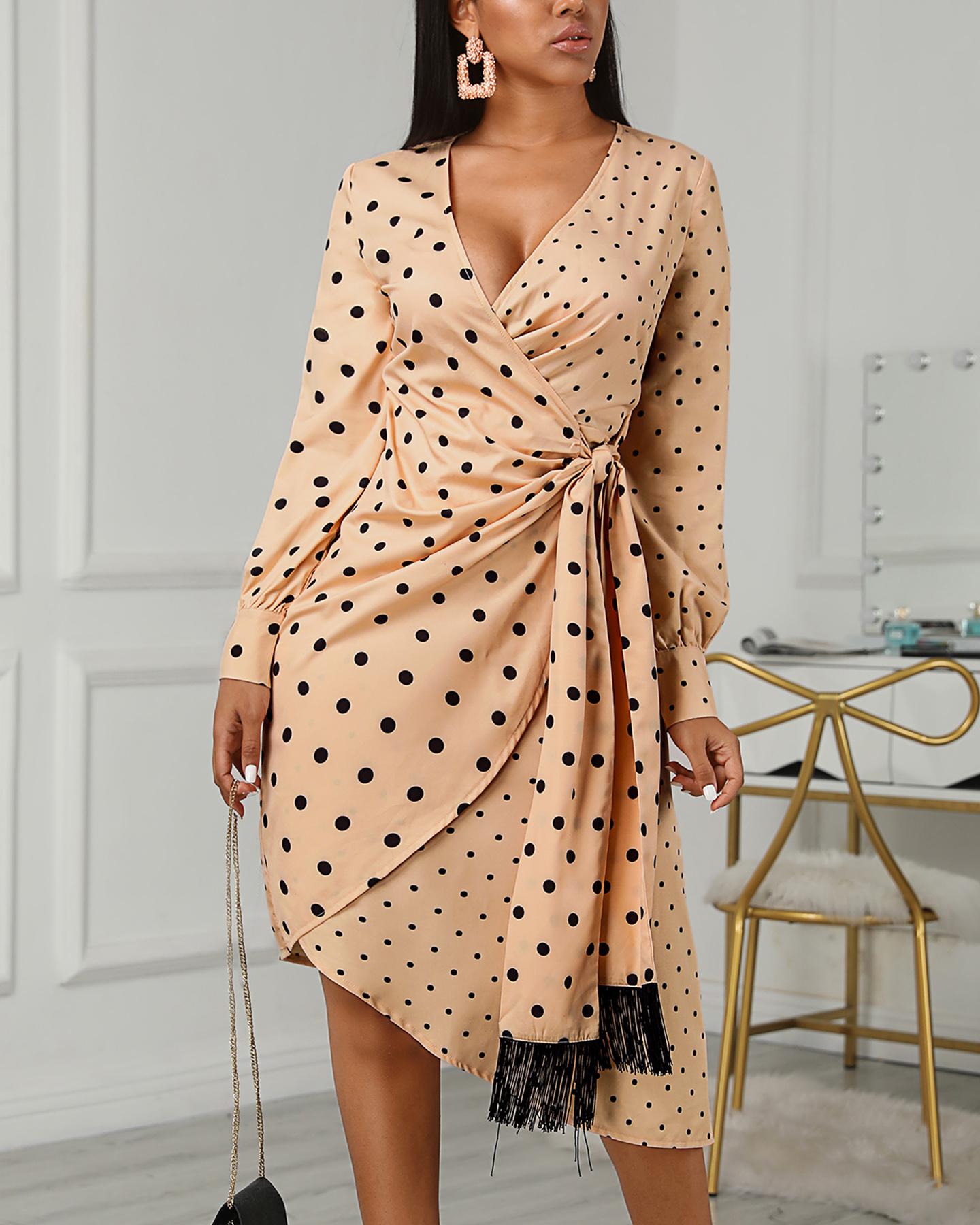 

Polka Dot Spliced Wrap Dress, Champagne