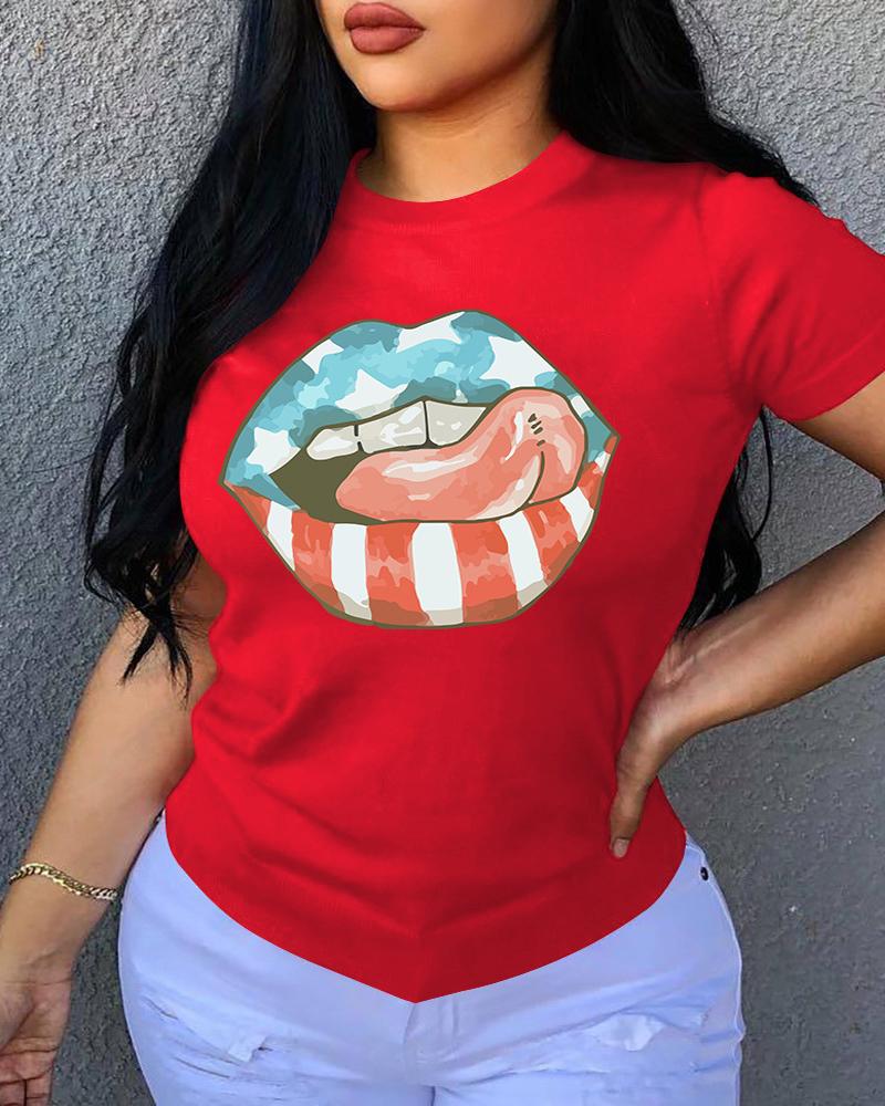 

Lip Flag Pattern Print Short Sleeve T-shirt, Red