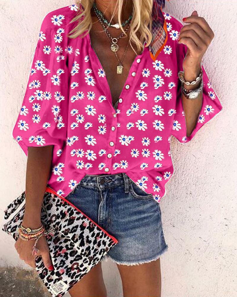 

Turn-down Collor Button Front Shivering Folral Print Maxi Shirt, Hot pink
