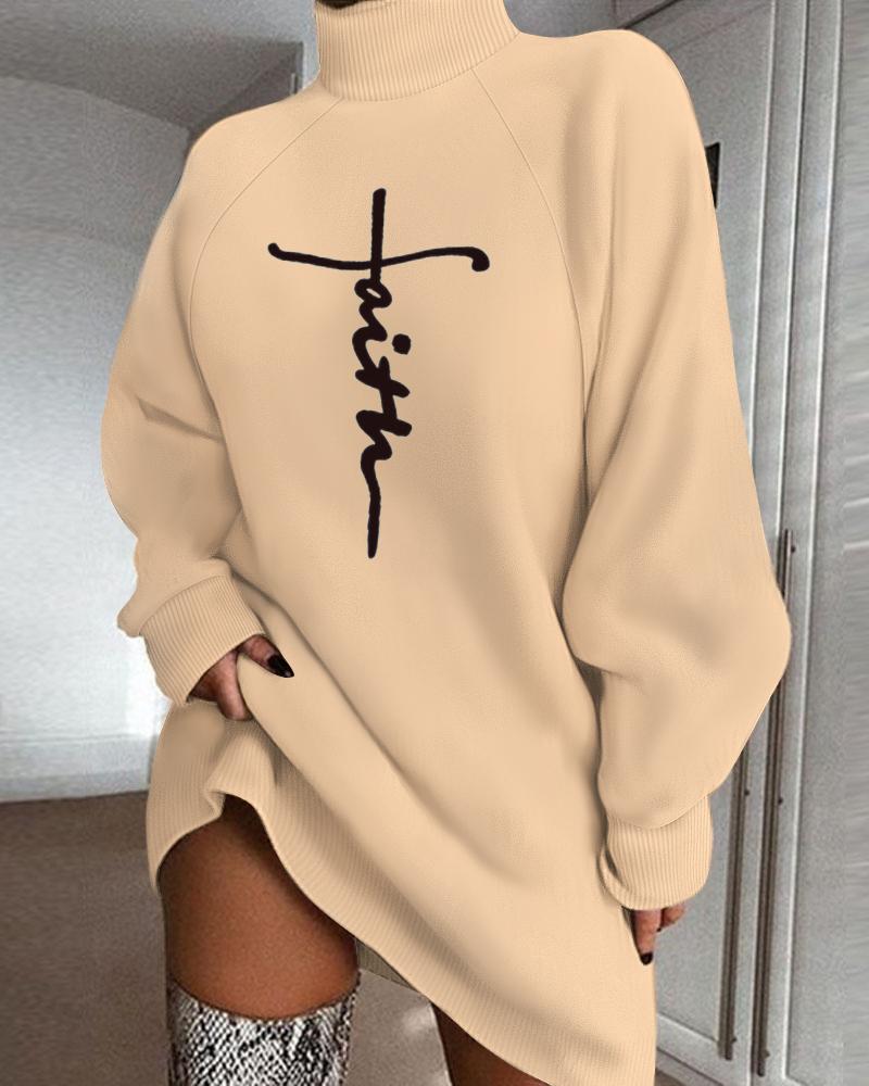 

Letter Print High Neck Long Sleeve Casual Dress, Apricot