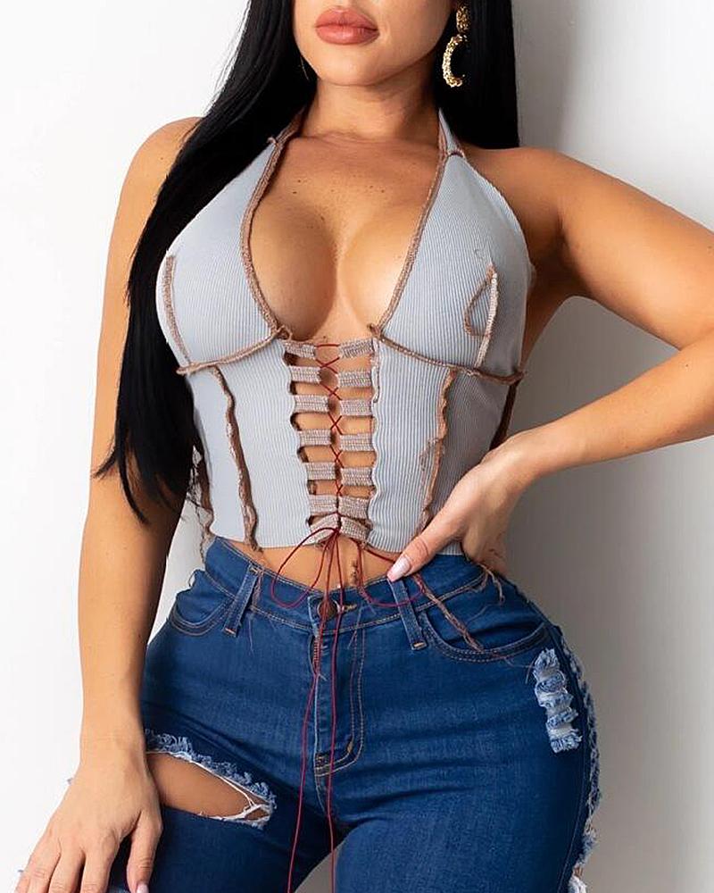 

Solid Patchwork Strappy Skinny Tanks, Gray