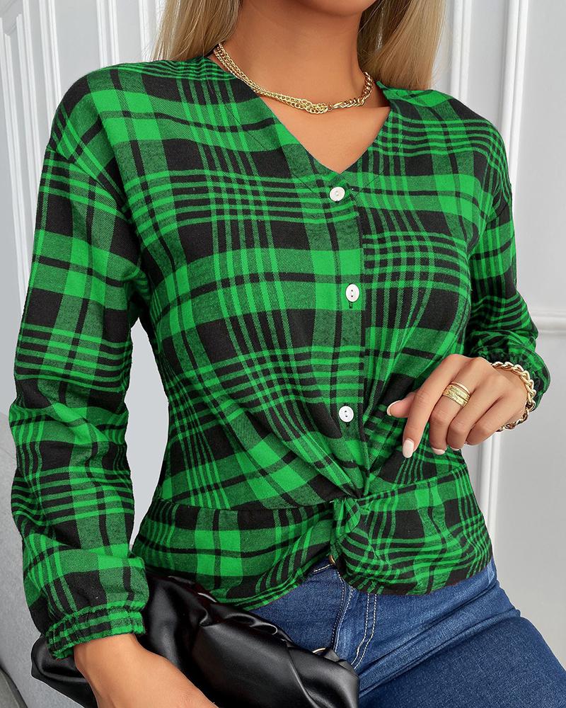 

Plaid Print Long Sleeve Buttoned Twisted Top, Green