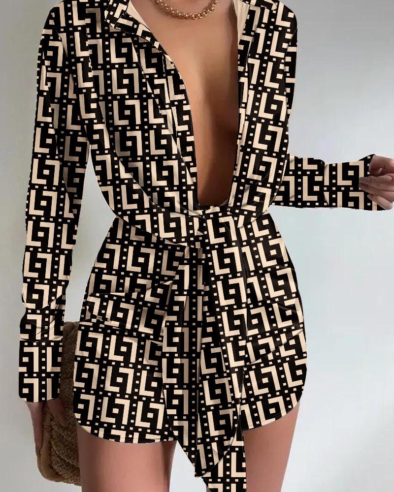

Geo Print Tied Detail Long Sleeve Shirt Dress, Khaki