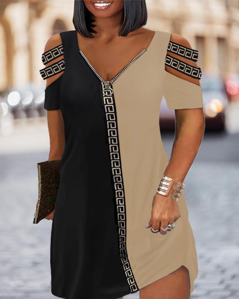 

Plus Size Geometric Print Casual Dress, Khaki