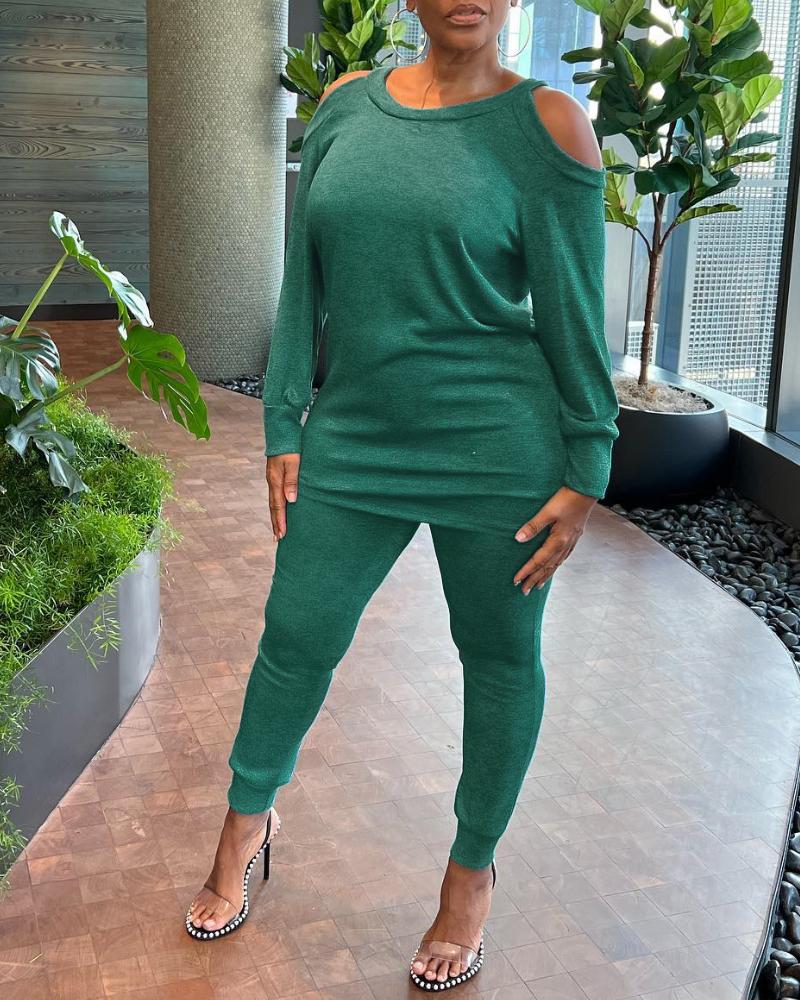 

Ensemble sweat-shirt à manches longues et pantalon de survêtement à revers et épaules dénudées, Green