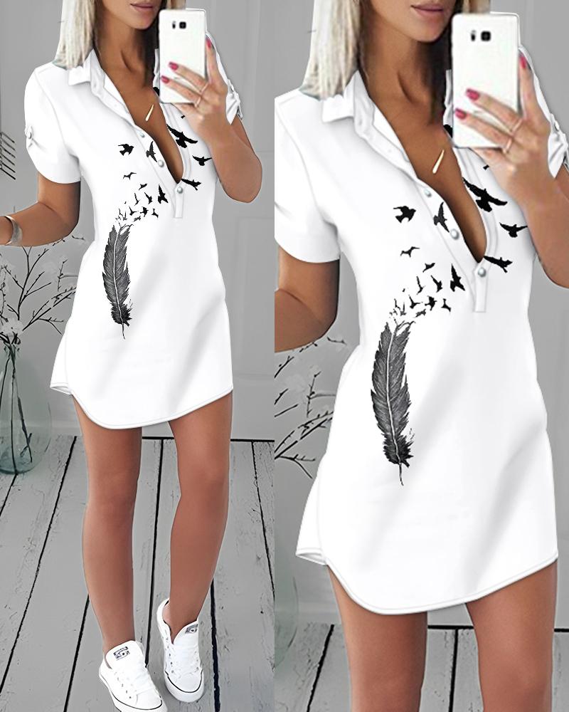 

Feather Bird Print Button Front Shirt Dress, White