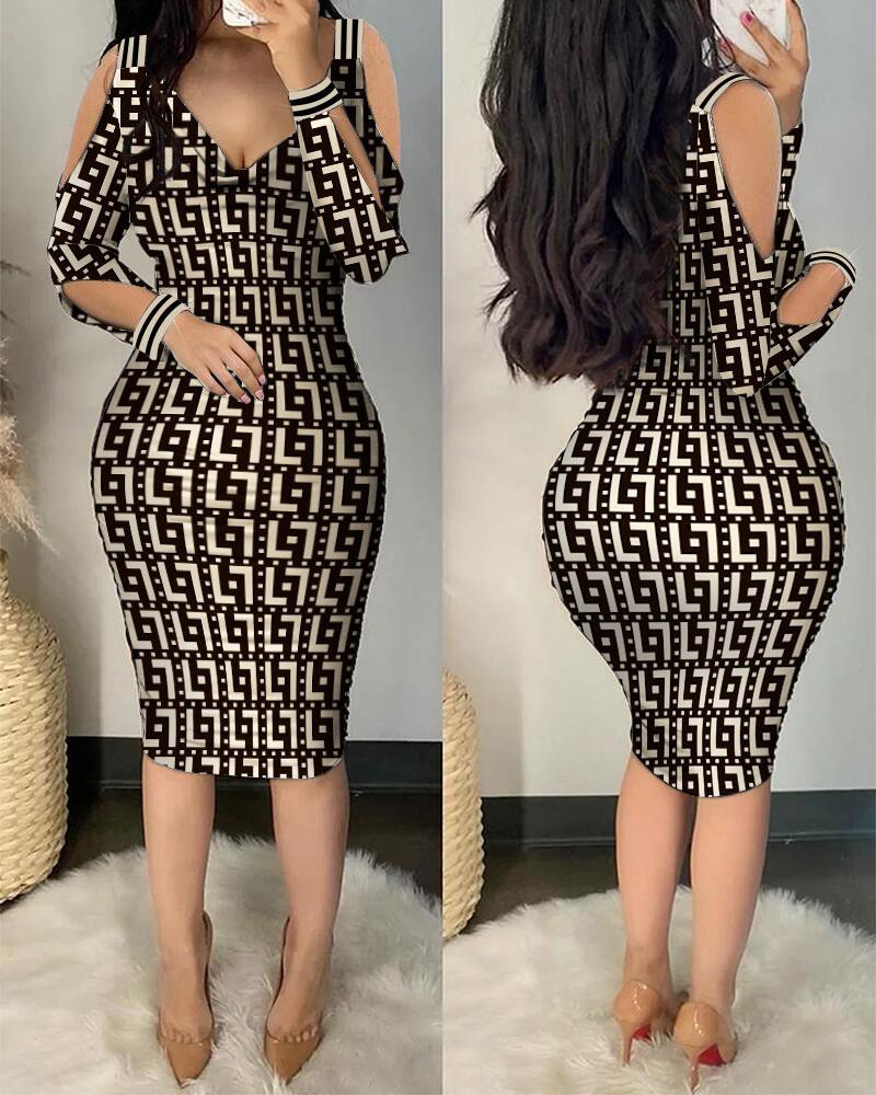 

Geometric Print Cold Shoulder Ruched Bodycon Dress, Khaki
