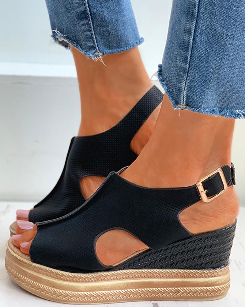 

Cutout Buckled Peep Toe Wedge Sandals, Black