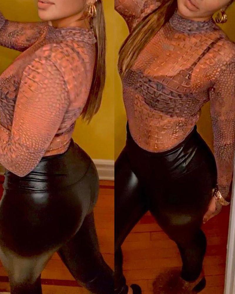

Snakeskin Print Round Neck Long Sleeve Mesh Top, Brown
