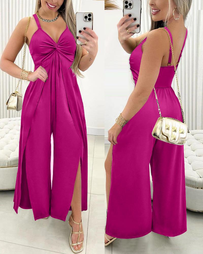 

Twisted Slit Sleeveless V-Neck Jumpsuit, Hot pink