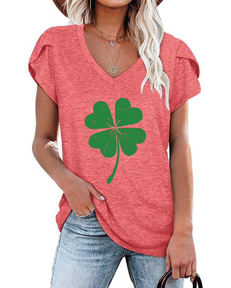 

St. Patrick' Day Clover Print V-Neck Casual T-shirt, Pink