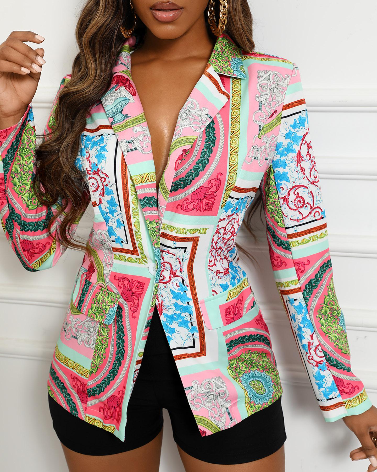 

Long Sleeve Scarf Print Blazer Coat, Pink