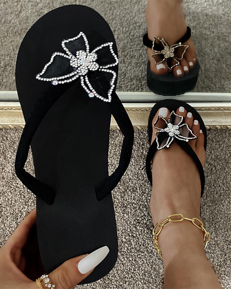 

Crystal Butterfly Patch Round-toe Flat Sandals, Silver