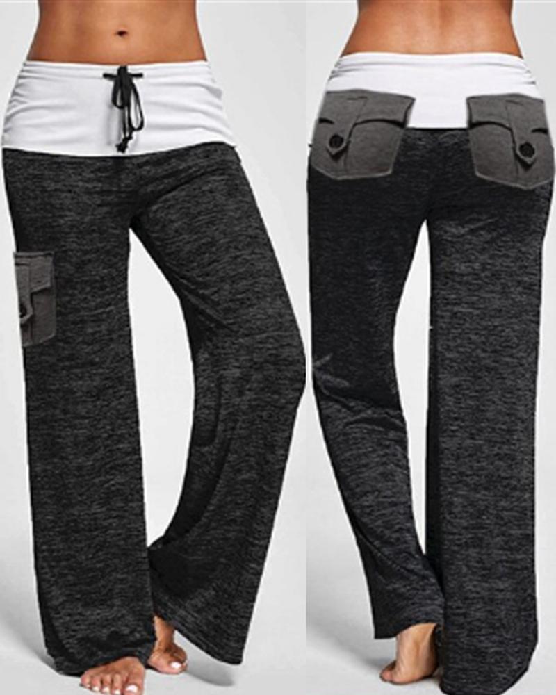 

Drawstring Colorblock Pocket Design Wide Leg Pants, Black