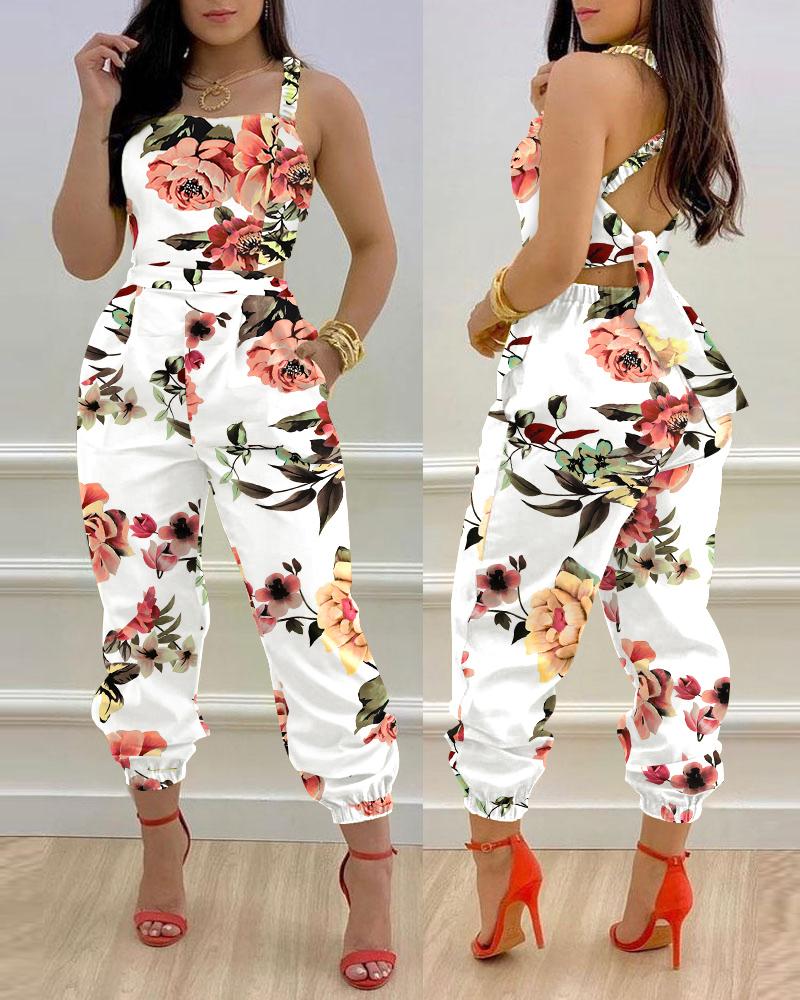 

Floral Print Crisscross Tied Detail Backless Jumpsuit, White