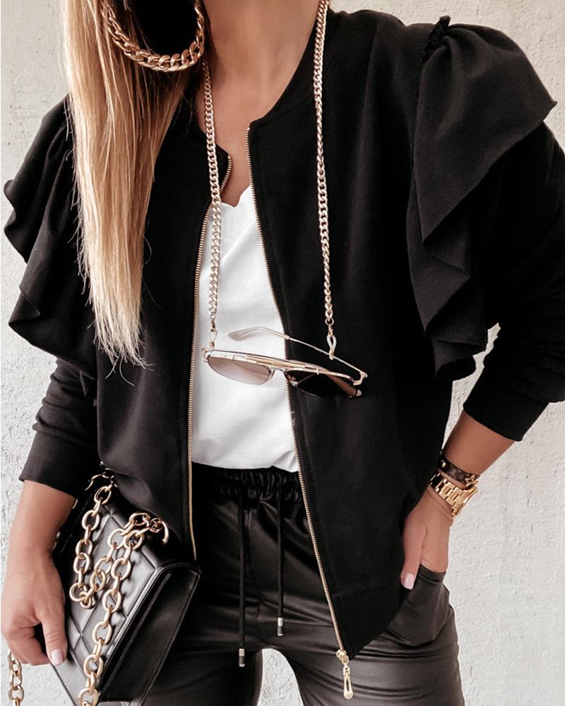 

Ruffle Hem Long Sleeve Zipper Design Jacket, Black
