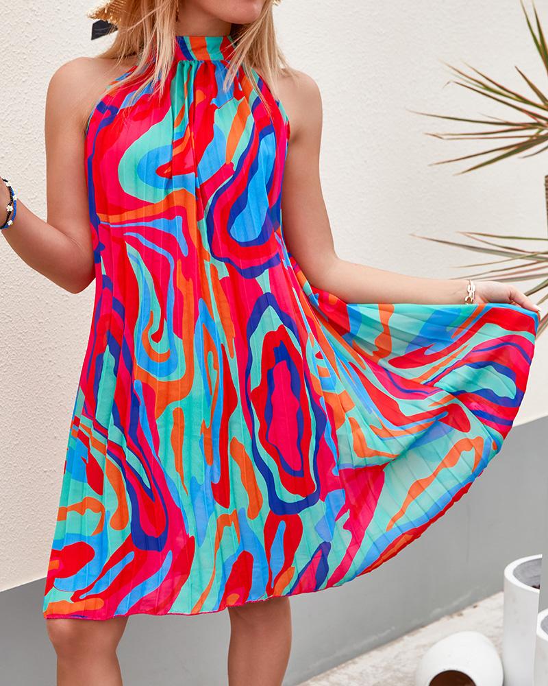 

Abstract Print Sleeveless Pleated Casual Dress, Multicolor