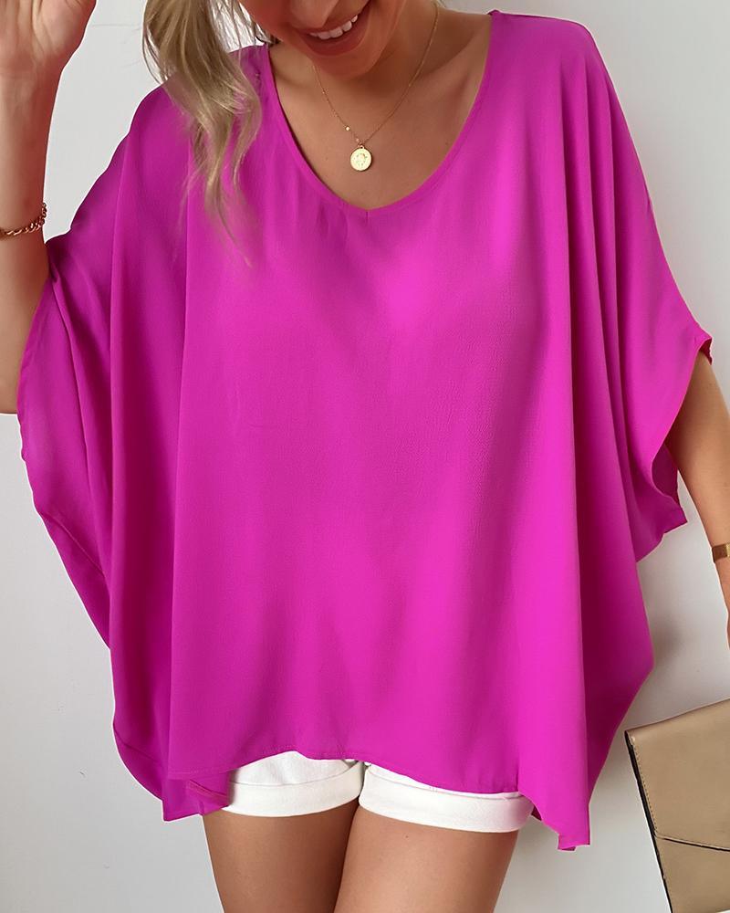 

V Neck Batwing Sleeve Casual Top, Hot pink