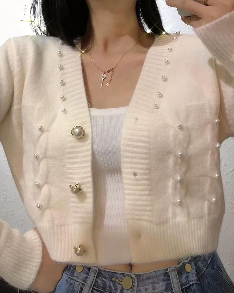 

Beaded Button Front Cable Knit Cardigan, White