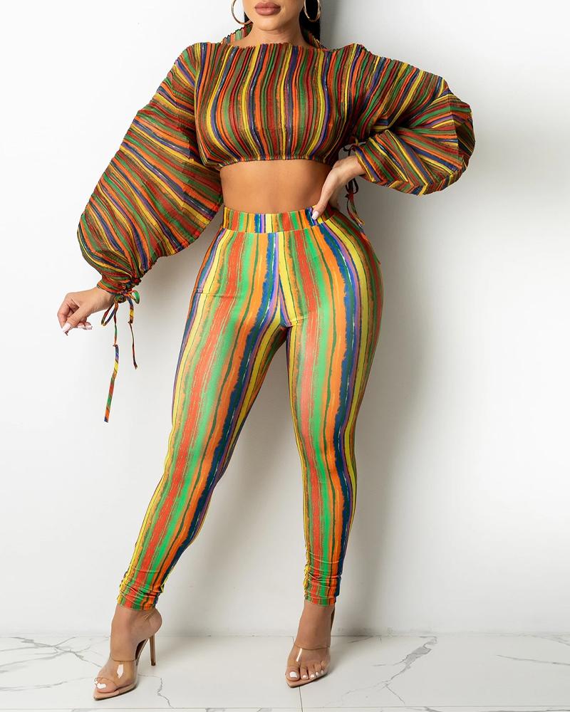 

Rainbow Stripe Drawstring Lantern Sleeve Crop Top & Pants Set, Brown