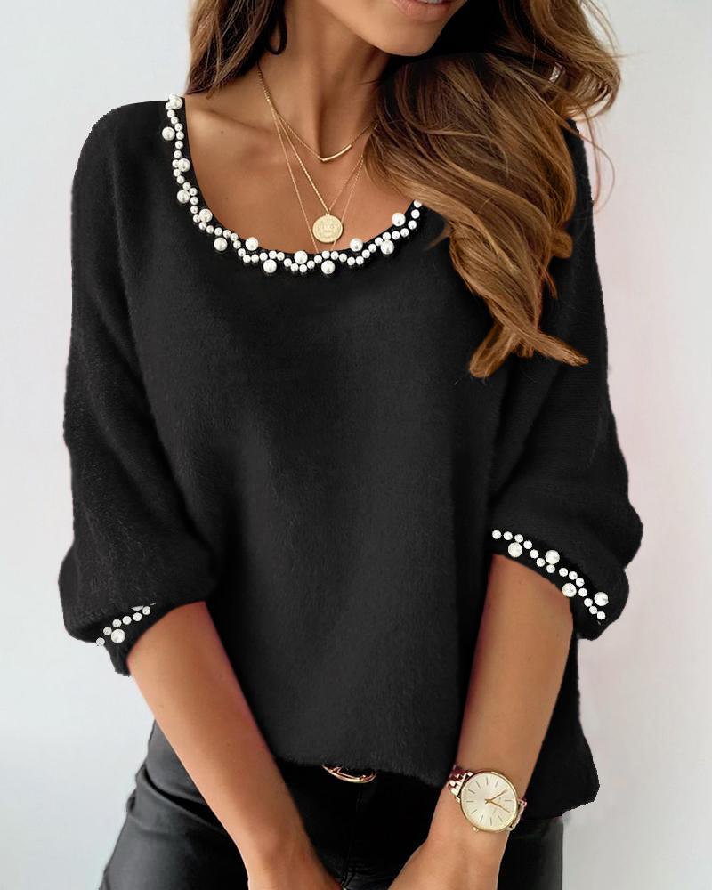 

U-Neck Long Sleeve Beaded Top, Black