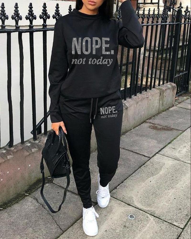 

Nope Not Today Rhinestone Casual Top & Drawstring Pants Set, Black