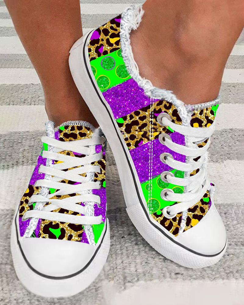 

Mardi Gras Polka Dot Cheetah Print Ombre Fringe Hem Lace-up Sneakers, Multicolor