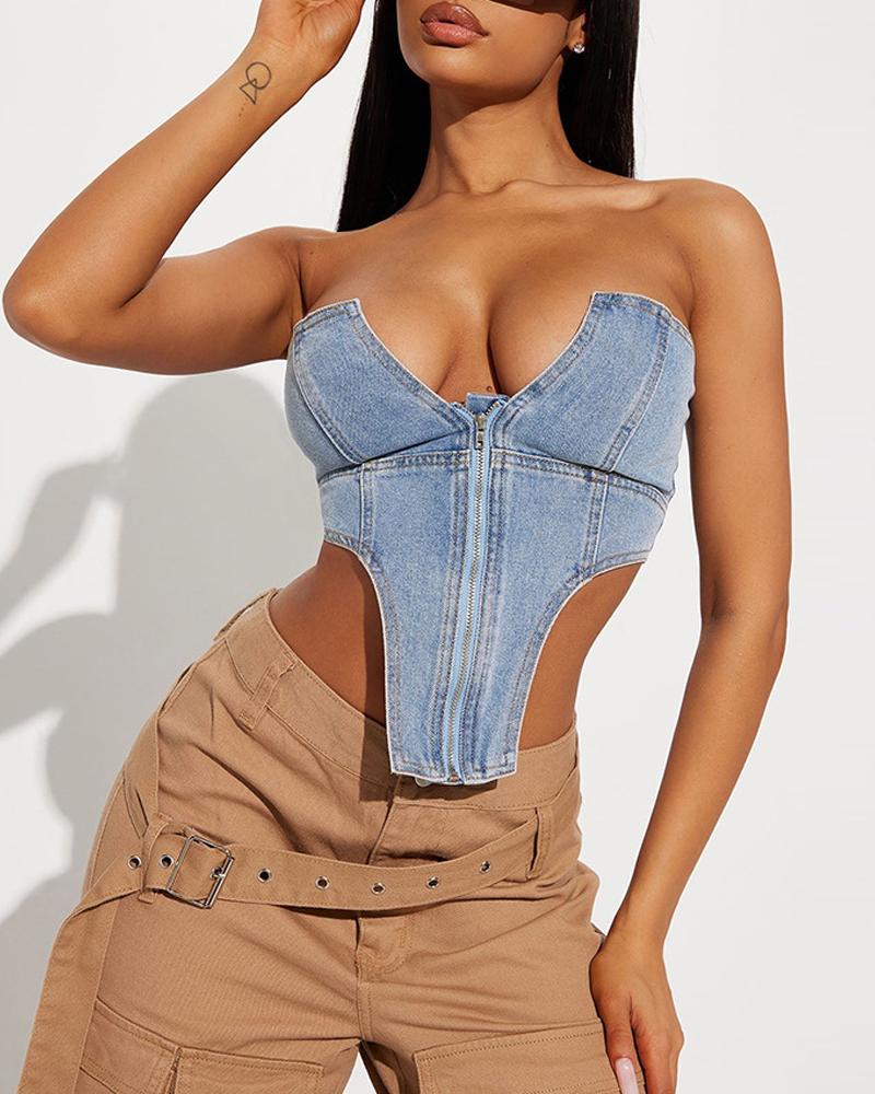 

Bandeau Handkerchief Asymmetrical Denim Top, Blue