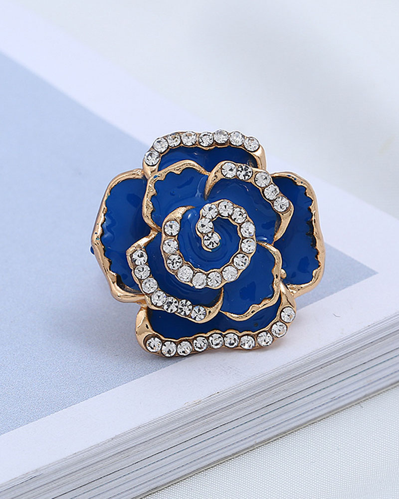 

1pc Rhinestone Decor Floral Shaped Ring, Blue