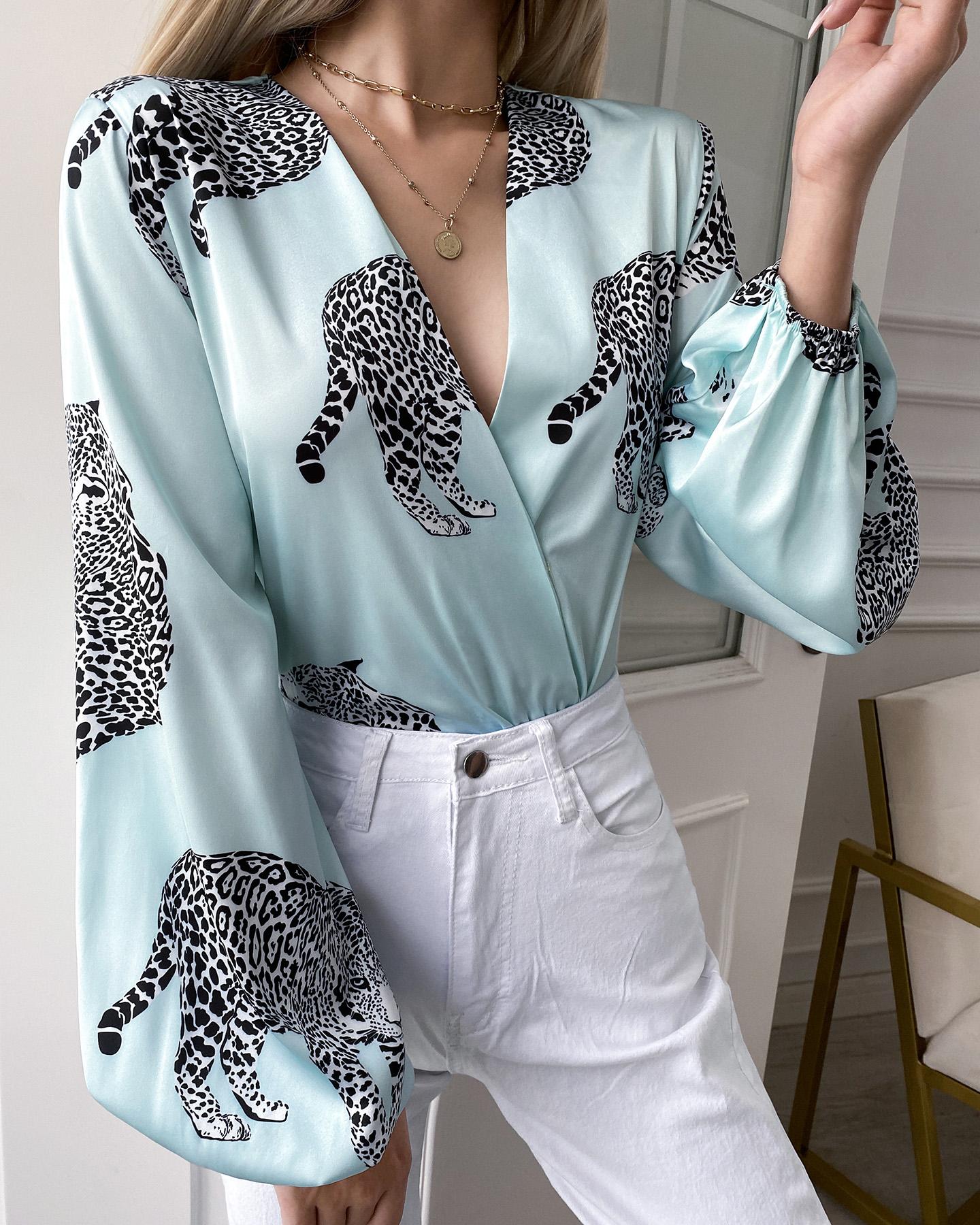 

Leopard Print Long Sleeve Satin Bodysuit, Light blue