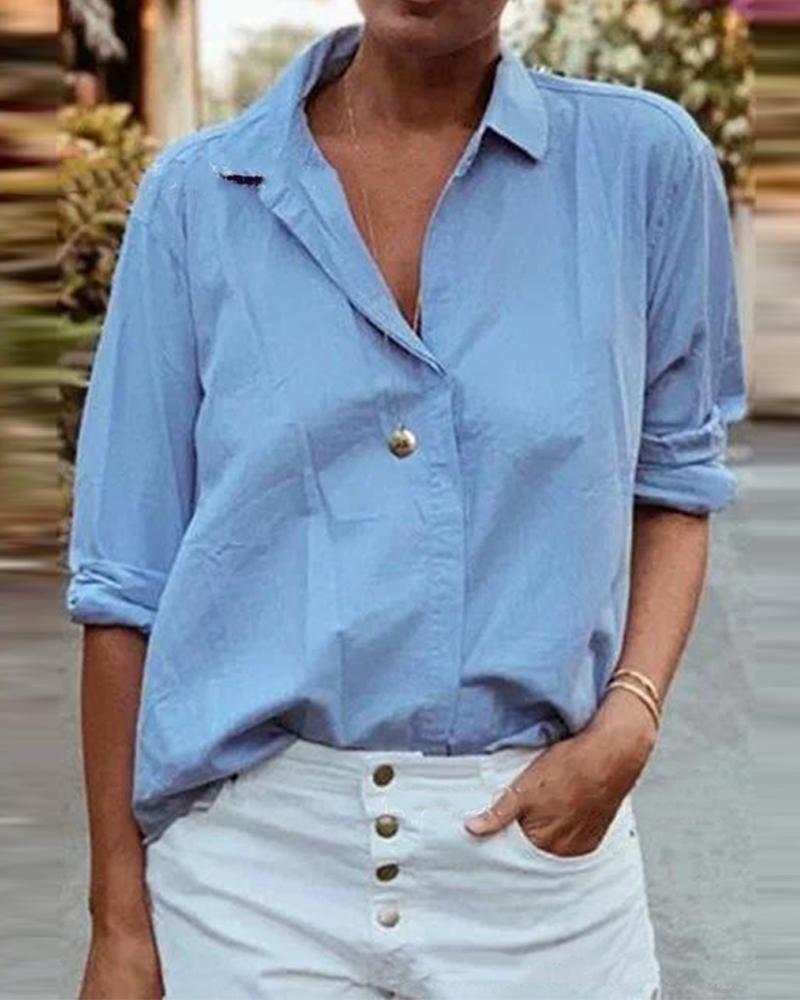 

Solid Color Button Down Blouse, Blue