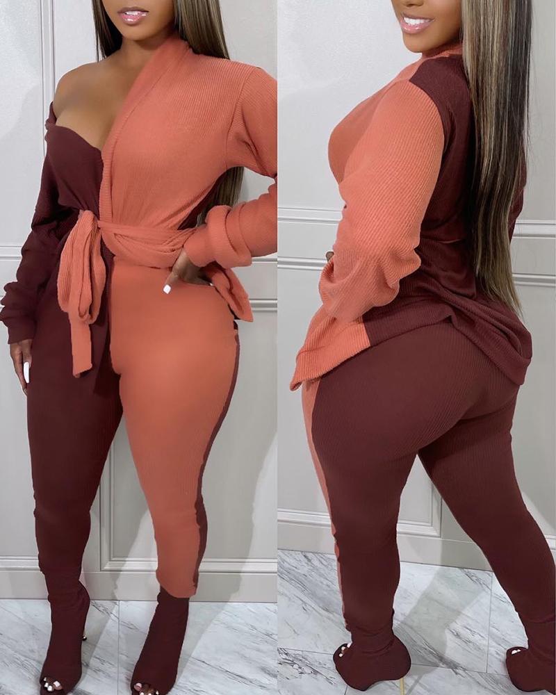 

Colorblock Long Sleeve Top & Pants Set, Brown