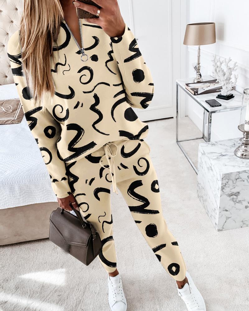 

Abstract Print Long Sleeve Top & Pants Set, Apricot