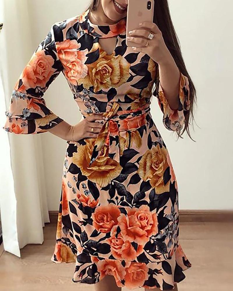 

Floral Print Cutout Ruffles Flared Sleeve Casual Dress, Multicolor