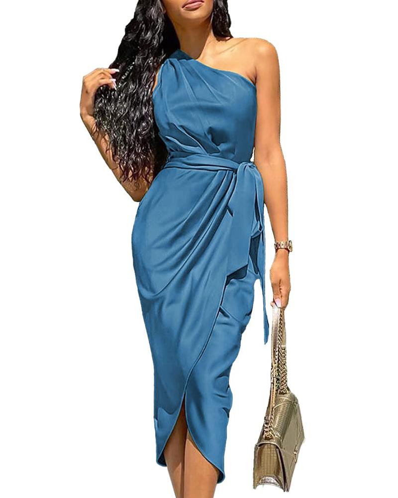 

One Shoulder Satin Ruched Party Dress With Belt, Blue