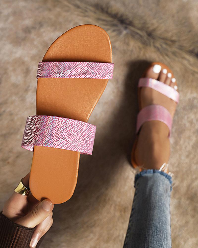 

Round-toe Snakeskin Print Double Strap Flat Slippers, Pink