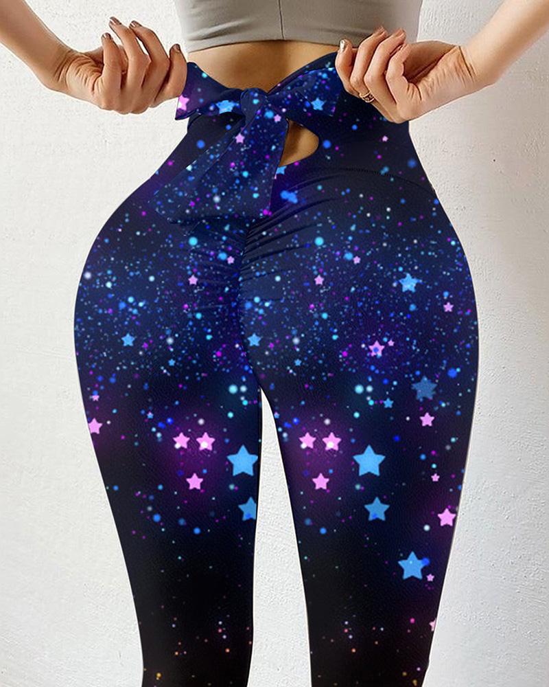 

Starry Sky Print Bowknot Scrunch Butt Lifting Yoga Pants, Style2
