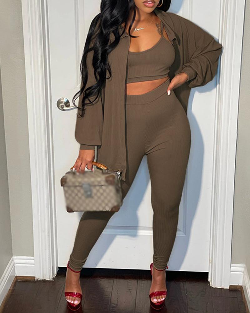 

3PCS Button Down Shirt & Pants Set With Crop Cami Top, Khaki